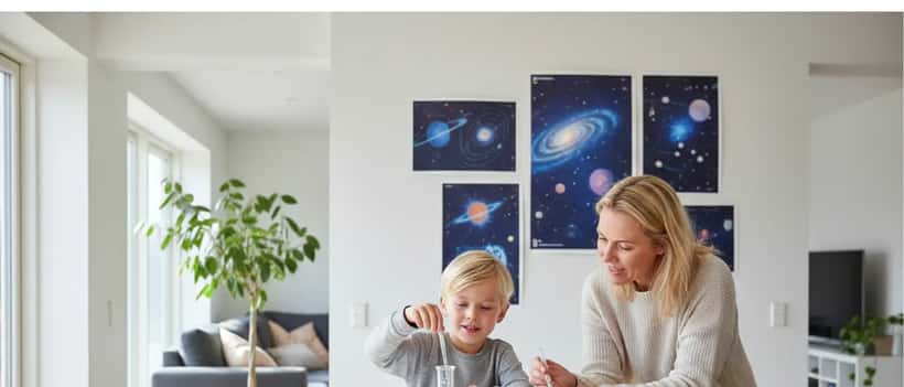 Dansk barn og forælder laver naturvidenskabslektier ved lyst køkkenbord med rumplakater