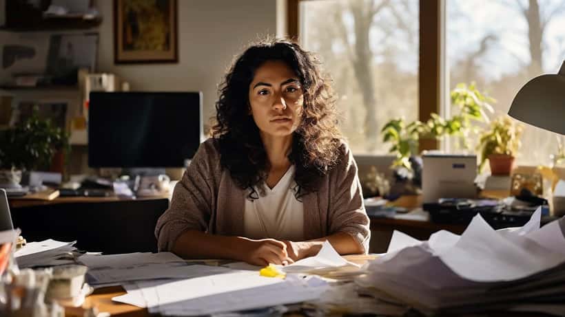 Mujer latina preocupada frente a laptop con interfaz de inteligencia artificial