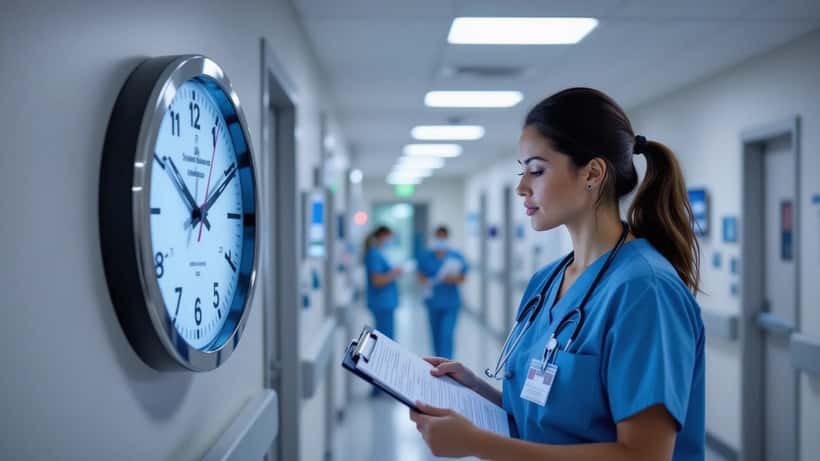 Nurse checking wall clock at 2 AM in hospital corridor during daylight saving time change