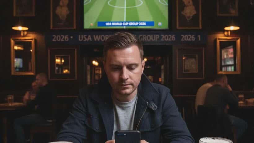 UK sports fan checking betting app in a pub during the 2026 FIFA World Cup