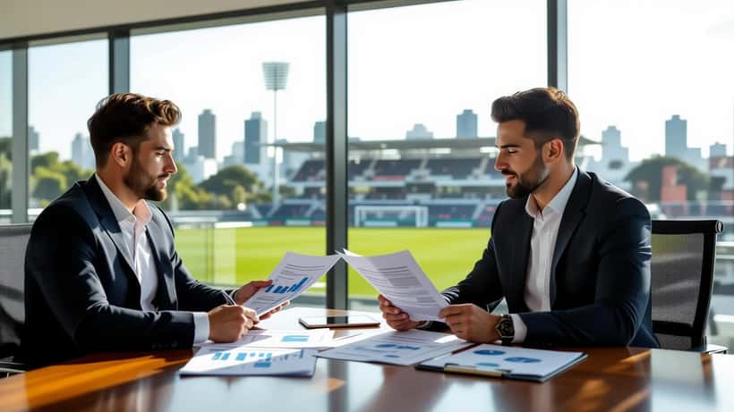 Atleta profissional consultando assessor de gestão patrimonial sobre salários e investimentos no futebol brasileiro