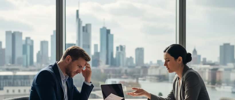Deutscher Büroangestellter prüft einen Arbeitsvertrag am Schreibtisch, natürliches Tageslicht