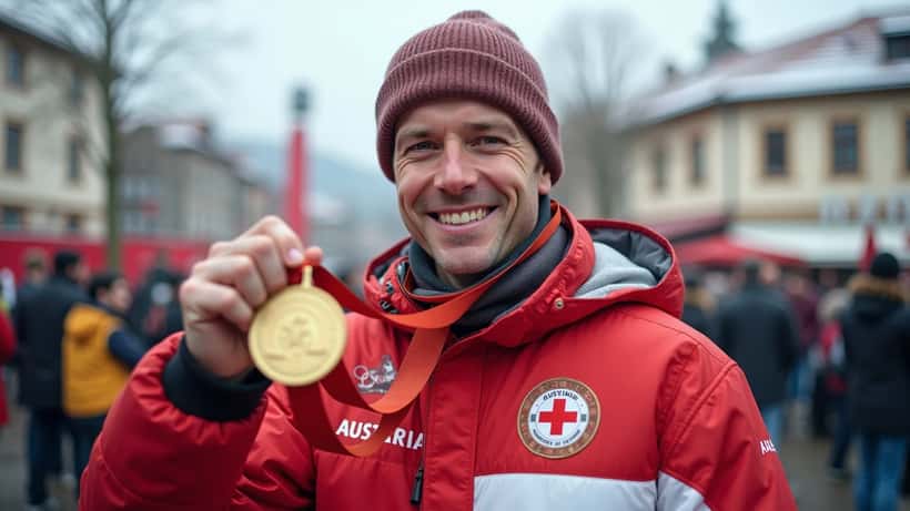 Österreichischer Olympia-Snowboarder bei Heimkehrfeier in Wilhelmsburg, hält Goldmedaille, Dorfplatz, journalistische Aufnahme