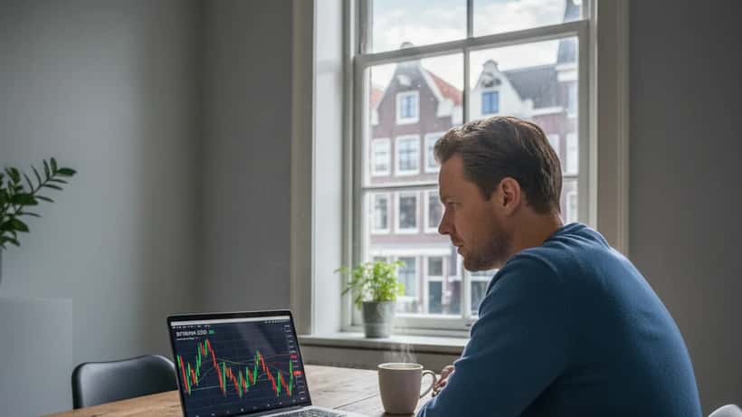 Nederlander kijkt bezorgd naar Bitcoin koersgrafiek op laptop