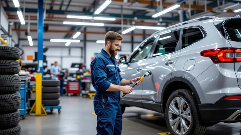 Automonteur controleert bandendiepte op gezinsauto voor zomervakantie 2026