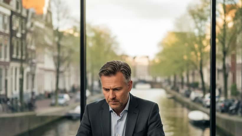 Nederlandse zakenman bekijkt financiële grafieken in Amsterdams kantoor met grachtenzicht