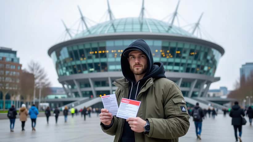 British fan holding UFC London tickets outside the O2 Arena in London