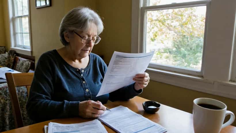 American retiree reviewing Social Security benefit statement and financial documents at kitchen table