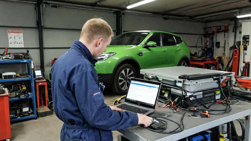 Dansk mekaniker i blå arbejdstøj tilslutter diagnostikscanner til elbil på et moderne autoværksted