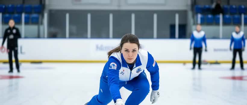 Curlingspelerska i leveransposition på is, inomhus idrottshall, fokuserat uttryck