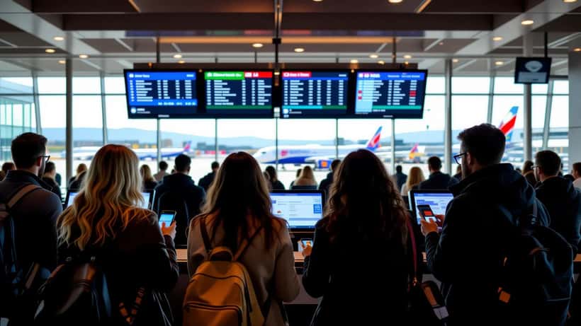 Passengers at a Southwest Airlines gate checking flight status during a 2026 travel disruption