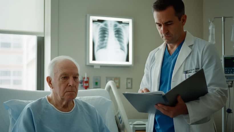 Elderly male patient in hospital recovery room with chest X-ray visible, doctor reviewing medical records