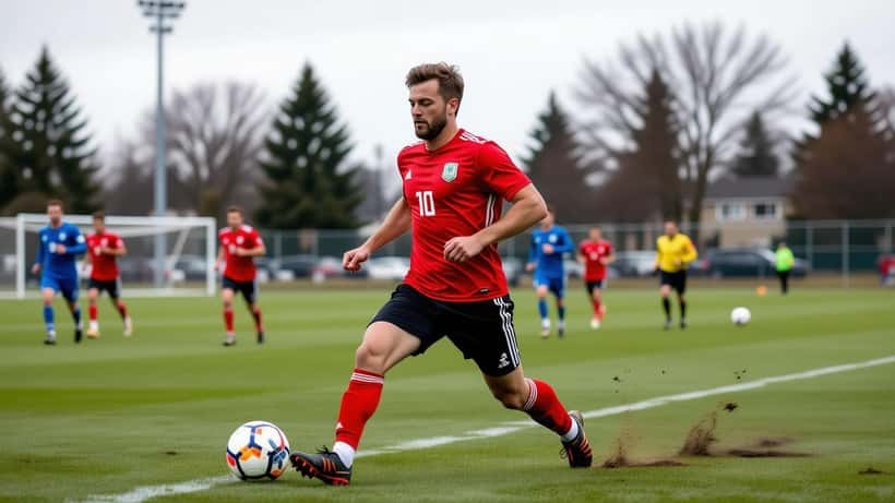 Joueur de soccer amateur s'échauffant en bord de terrain avant d'entrer en jeu