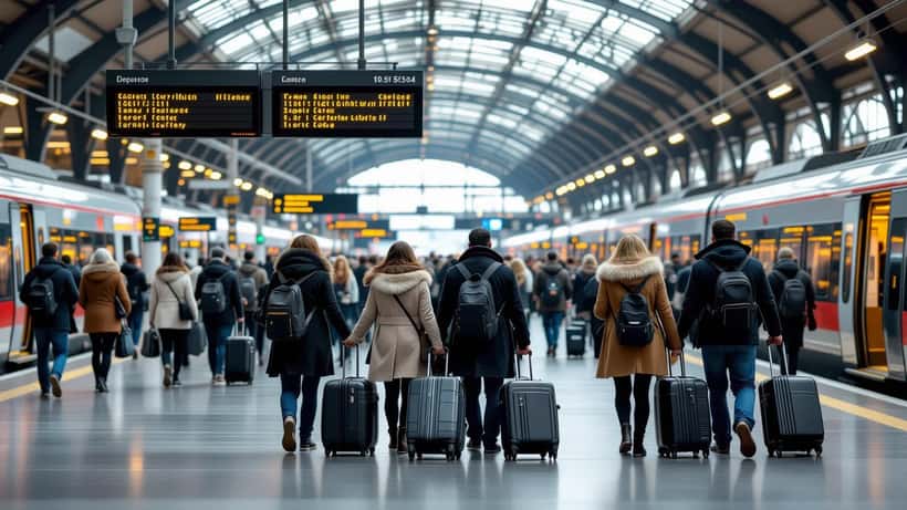 Travellers with suitcases in a Paris train station beside a board of cancelled departures