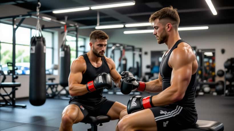 Physiotherapist examining a bruised thigh of a Muay Thai trainee in a gym