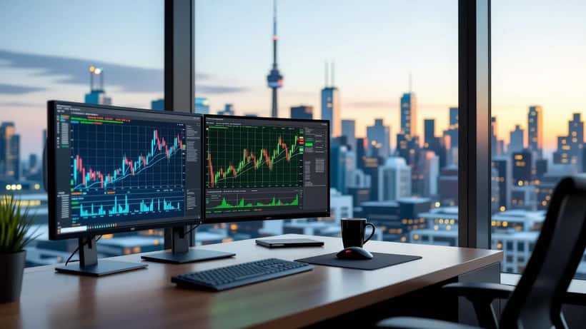 Financial analyst monitor displaying Meta stock chart with Toronto skyline and AI network visuals