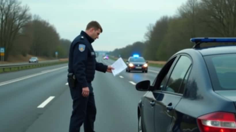 Dansk politibetjent udleverer trafikbøde til bilist på motorvej