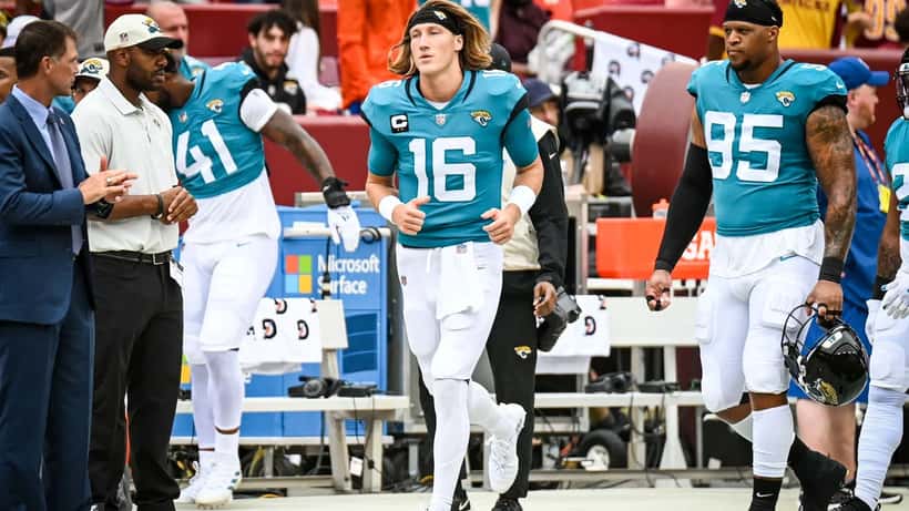 NFL defensive tackle Roy Robertson-Harris with Trevor Lawrence during Jacksonville Jaguars game