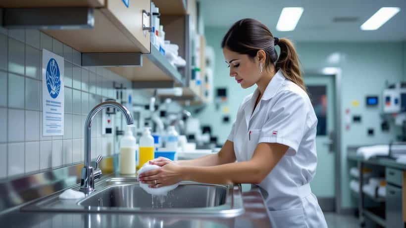 Infermiera italiana si lava le mani con sapone in ospedale per la Giornata Mondiale dell'Igiene delle Mani 2026