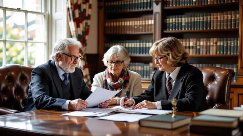British solicitor reviewing estate planning documents with an elderly couple in a Glasgow legal office