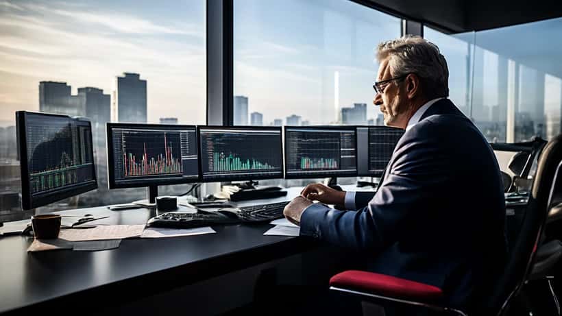 Consulente finanziario a Milano analizza grafici del FTSE MIB su doppio schermo con alta volatilità