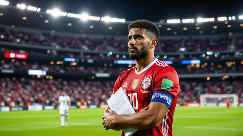 Ägyptischer Nationalspieler auf der Spielfeldlinie eines WM-Stadions, nachdenklicher Blick, Kapitänsarmbinde