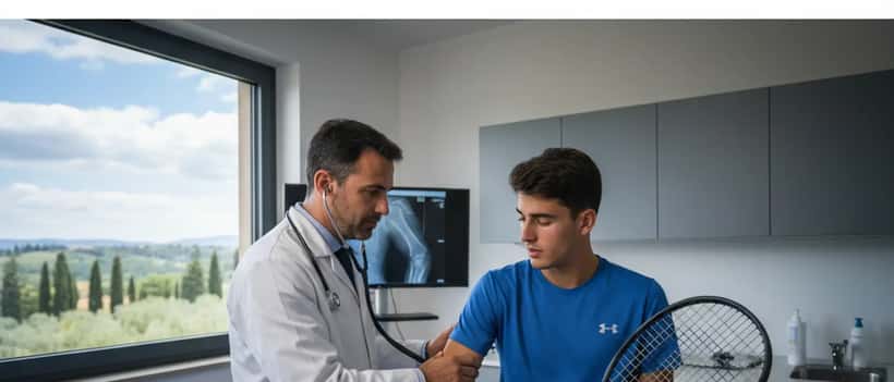 Medico sportivo italiano che esamina il gomito di un tennista amatoriale in ambulatorio luminoso