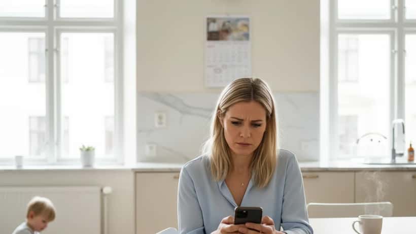 Svensk kvinna kollar mobilen vid köksbordet med barn i bakgrunden, orolig blick, Stockholm lägenhet
