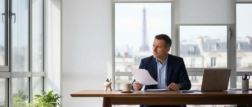 Salarié préoccupé consulte des documents de licenciement dans un bureau