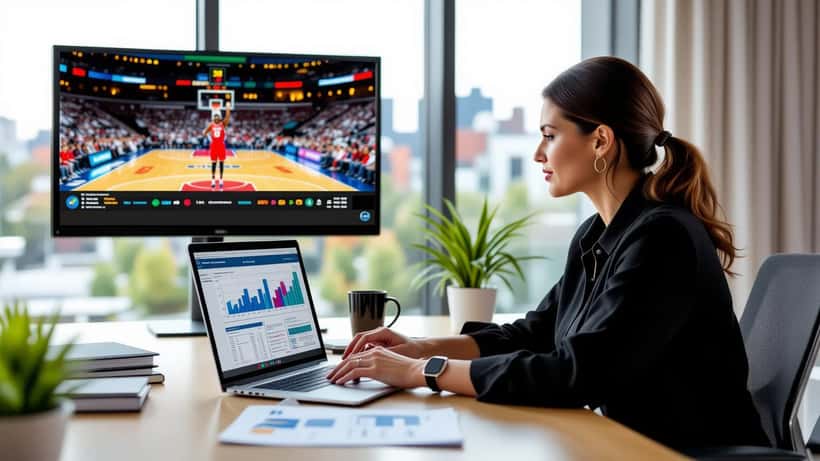 Financial advisor reviewing investment charts with a WNBA game on a TV in the background