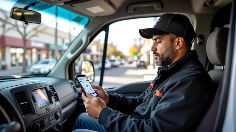 Trabajador hispano de reparto revisando su smartphone con alerta de permisos de ubicación en app de radar meteorológico