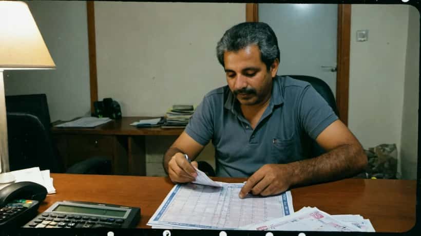 Homem brasileiro analisando bilhete da Dupla Sena da Páscoa com documentos financeiros na mesa