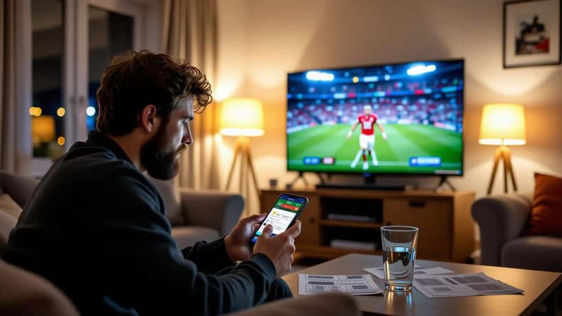 Man in London flat staring at sports betting app on phone while football match plays on TV in background