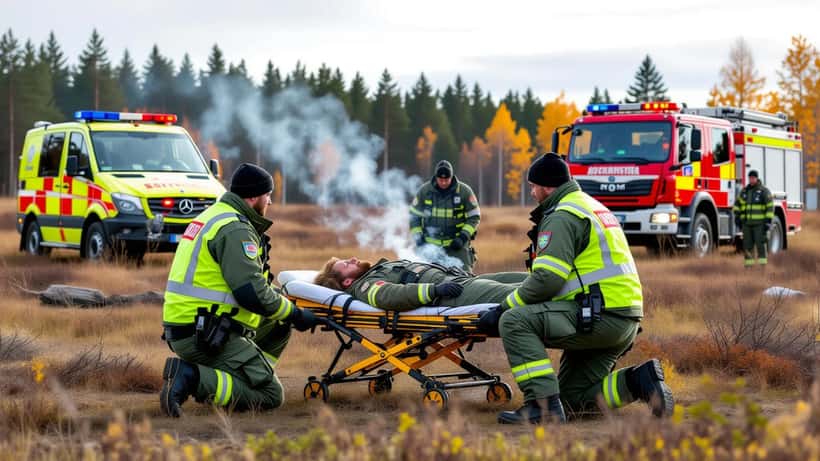 Räddningspersonal vid ett militärt skjutfält efter explosion, Karlsborg 2026