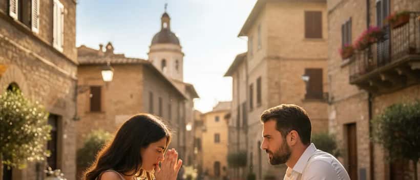 Uomo e donna italiani con espressione emotiva intensa durante una conversazione al bar