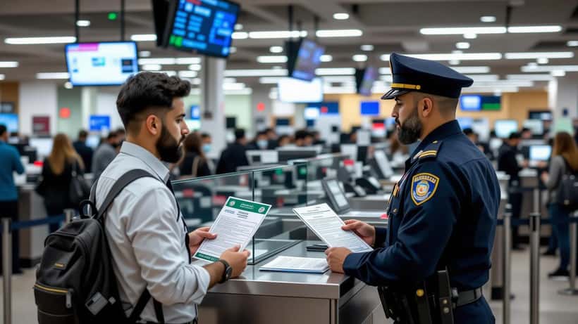 Traveler with an Iranian passport and World Cup ticket at a U.S. airport immigration counter