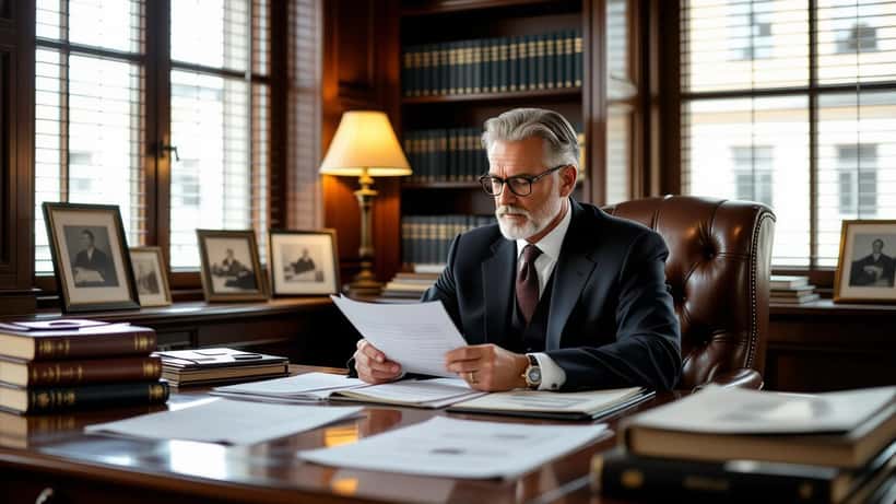 Rechtsanwalt prüft Nachlassdokumente in einem Münchner Büro, Theaterfotos im Hintergrund
