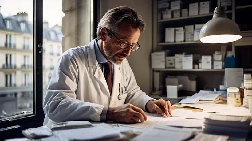 Médecin français examinant un dossier patient avec des médicaments sur son bureau