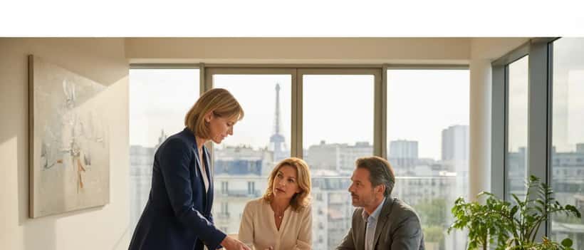 Avocate consulte un couple dans un bureau avec des documents juridiques sur la table