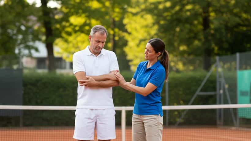 Tennisspieler mit Ellenbogenschmerzen wird von Sportmediziner auf Platz untersucht