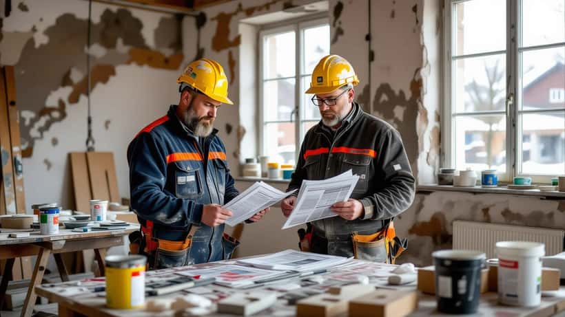 Handwerker prüft Förderanträge und Dokumente auf einer Renovierungsbaustelle in Thüringen