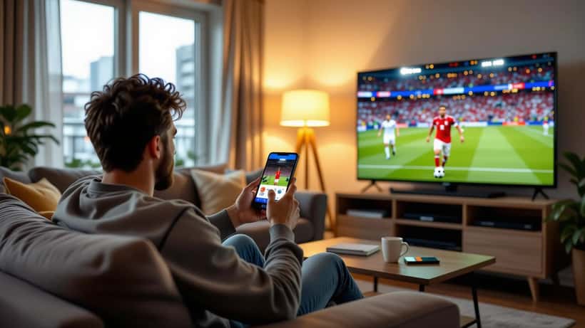Canadian soccer fan subscribing to a streaming service on a phone while a World Cup match plays on TV
