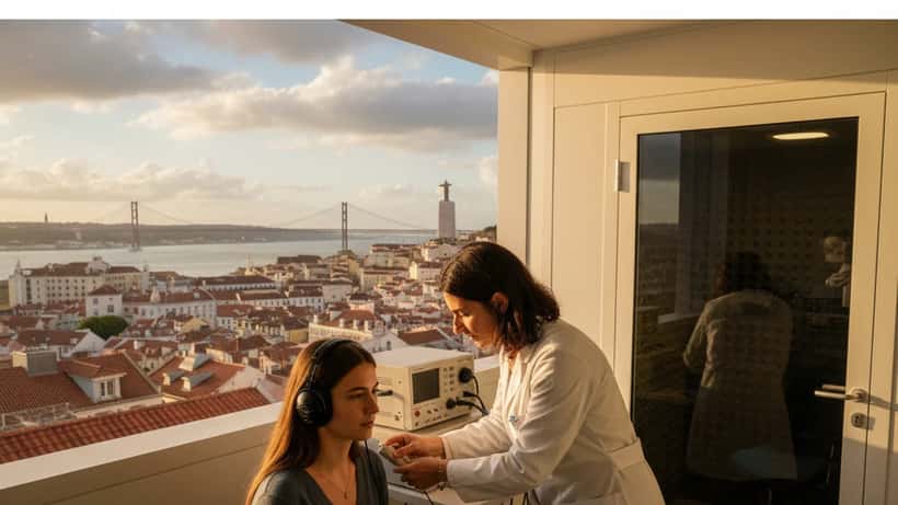 Audiologista em consulta numa clínica em Lisboa com jovem paciente