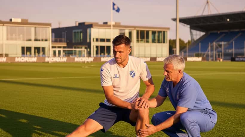 Dansk fodboldspiller med sportsmedicinsk undersøgelse af knæ på træningsbane ved Parken i København