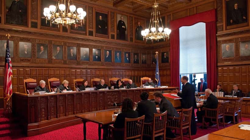 New York Court of Appeals courtroom during oral arguments in a criminal case