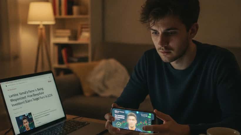 Worried young man holding a smartphone showing a fake celebrity crypto investment ad