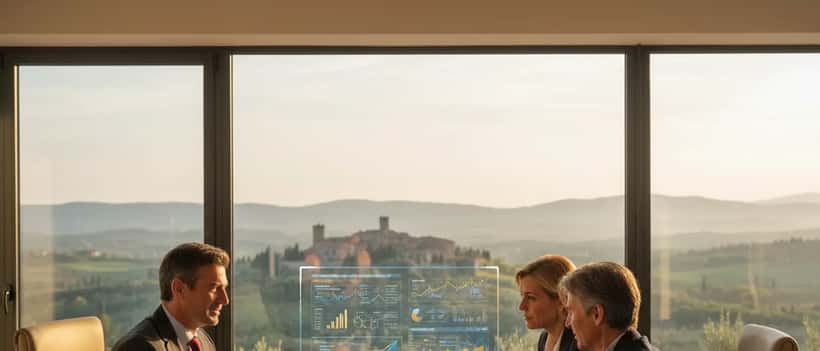 Consulente patrimoniale italiano con grafici finanziari in una consulenza professionale