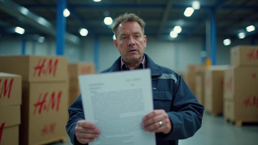 Lagerarbeiter in einem Distributionszentrum hält ein Kündigungsschreiben in der Hand