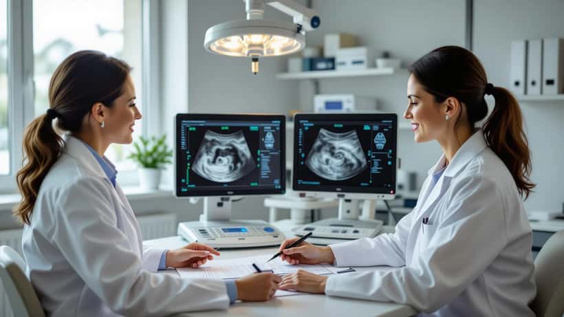 Donna in una visita ginecologica con medico che mostra risultati ecografici su schermo