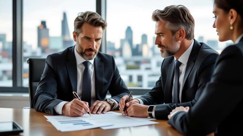 Employment lawyer reviewing a fixed-term contract with a client in a London office
